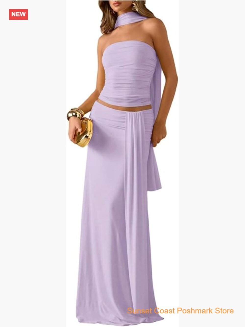 2 Piece Skirt Set Strapless Tube Tops and Maxi Skirt with Scarf Wedding Guest